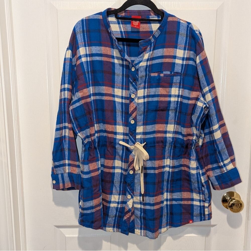 Red White & Blue Flannel‎ 100% Cotton Plaid Cinched Waist Tunic Top - EMS Large